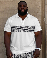 Big Men's Regular Geometric Pattern Letter Printed Short Sleeve Polo Shirt Shorts Set